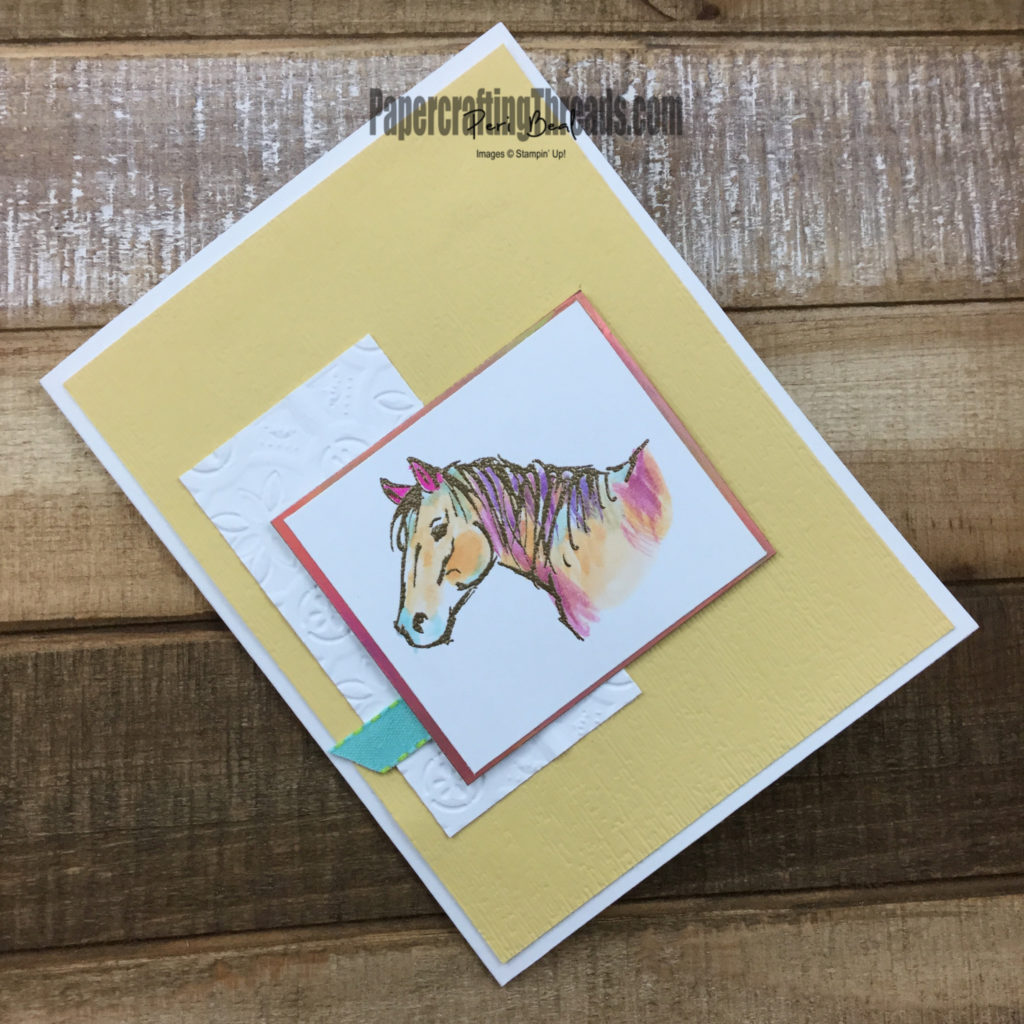 A little horsing around with watercoloring gives this card lightness to contrast with the embossing folder