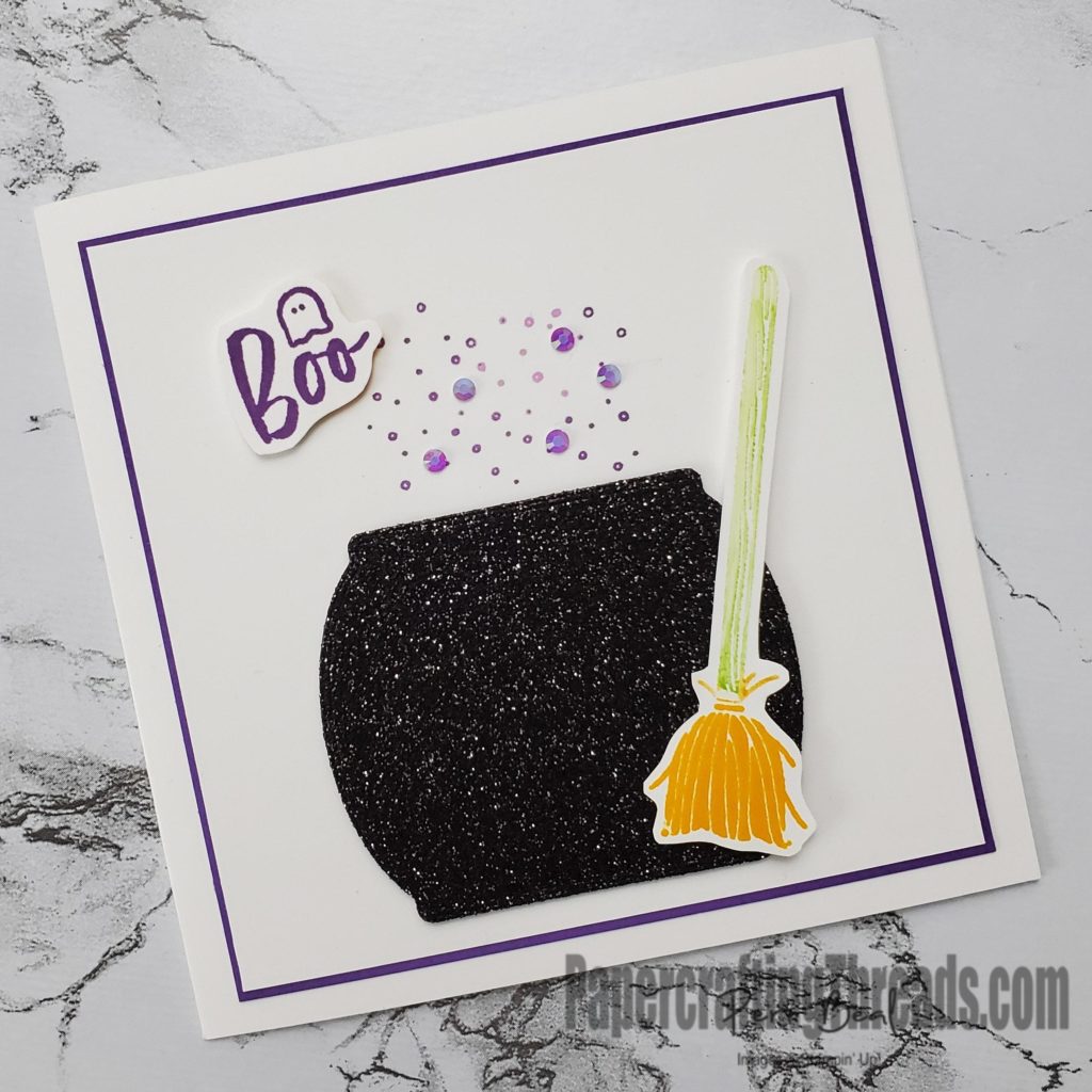 Halloween Cauldron Card with purple bubbles, witch broom and ghostly boo
