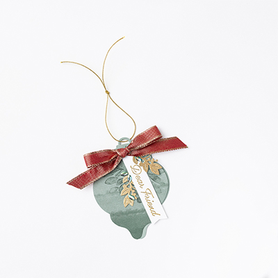 Bauble Shaped Christmas Tag and Ornament in greens, gold and cherry cobbler