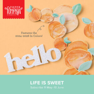 Large cut out hello on peach colored background with peach images for a sneak peek of June 2024 Paper Pumpkin Kit