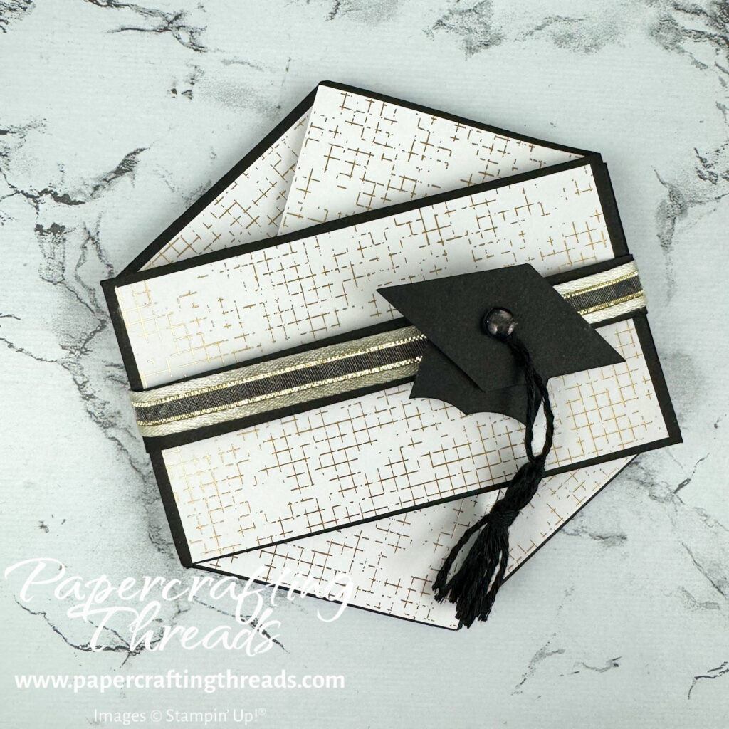 Hexagon Twist Fun Fold Card in black, white and gold with graduation cap on belly band