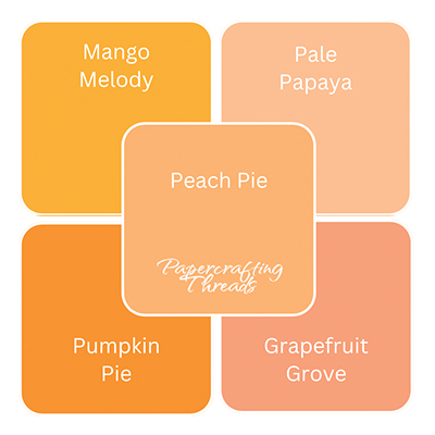 Squares of 2024-2026 In Color hues from Stampin' Up! comparison. Peach Pie color compared to Pumpkin Pie, Mango Melody, Pale Papaya and Grapefruit Grove.