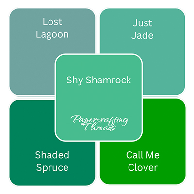 Squares of 2024-2026 In Color hues from Stampin' Up! comparison. Shy Shamrock color compared to Shaded Spruce, Lost Lagoon, Just Jade and Call Me Clover.