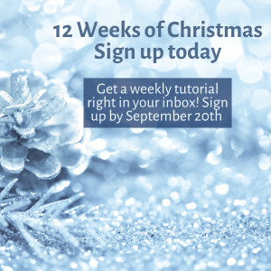 Glittery pinecone on snow covered ground with 12 Weeks of Christmas inspiration sign up