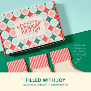 Preview of November 2024 Paper Pumpkin Kit with retro green, pink, aqua color scheme on box and red and white old fashioned small Christmas stockings