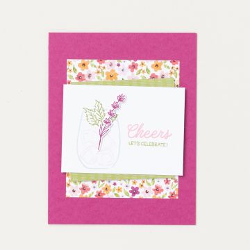 Simple card made with the Cheers and Sips bundle. Bright pink card base with a floral mat and a bright green mat. White focal point with clear drink and sprigs of mint and rosemary.