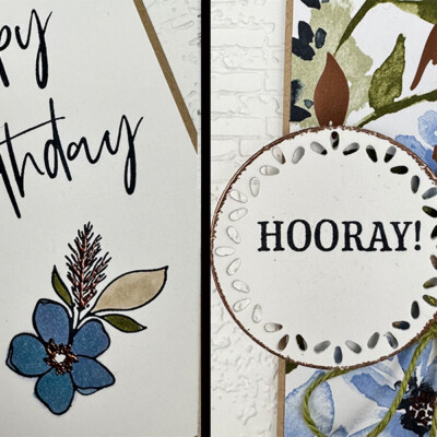 Embossing Powder Two Ways Split View. Closeup left of stamped and colored flower with copper embossing powder highlights. Closeup right of diecut circle with hello greeting and copper embossing hugging the edges of the circle.