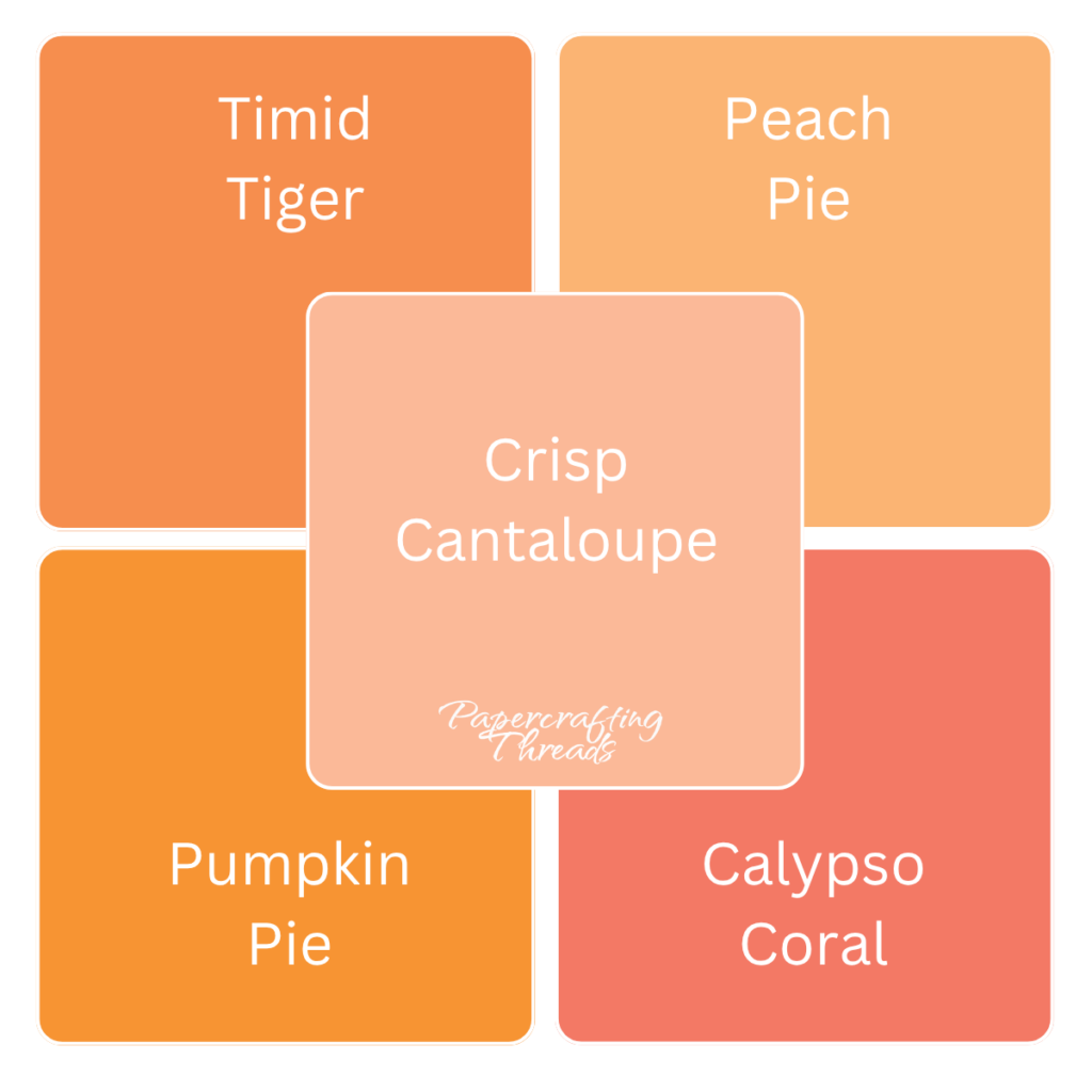 A color swatch comparison of 2026-2028 In Color Crisp Cantaloupe to Stampin' Up! colors Timid Tiger, Peach Pie, Pumpkin Pie and Calypso Coral