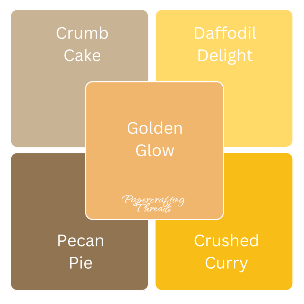 A color swatch comparison of 2026-2028 In Color Golden Glow to Stampin' Up! colors Crumb Cake, Daffodil Delight, Pecan Pie and Crushed Curry