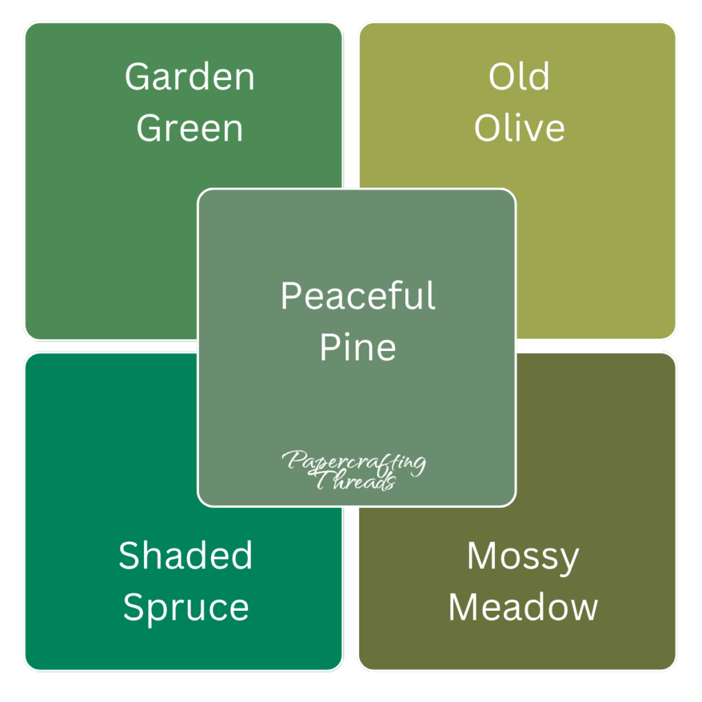 A color swatch comparison of 2026-2028 In Color Peaceful Pine to Stampin' Up! colors Garden Green, Old Olive, Shaded Spruce and Mossy Meadow