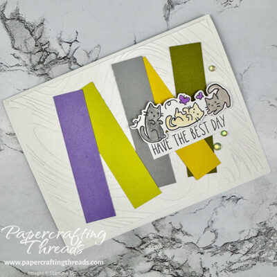 Color Combos Made Easy card sample with So Swirly embossed background on white cardstock. Strips of cardstock in purple, chartreuse, gray, yellow and olive green arranged in a row. Die cut and colored trio of kittens frolic with butterflies. Sentiment is Have the Best Day. Three gems scattered across front.