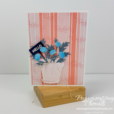 Complementary Crisp Cantaloupe color scheme card. Card features Crisp Cantaloupe vertical stripes with stamped splotches. Flower pot with bright blue florals, darker leaves and a cheery 'Hello' plant pick