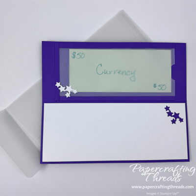DIY Graduation Money Holder Card inside view. Card base is royal purple with vellum money holder and a white liner with space to write personal message.