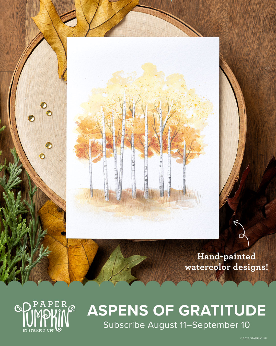 September 2026 Paper Pumpkin craft kit with aspen-themed card front.