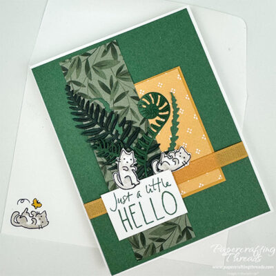 Step Up Your Cardmaking sample card with two patterned papers, one leafy greens and one neutral golden pattern layered over pine green cardstock and white card base. Multiple die cut fernlike foliage in various shades of green gathered together at base. Gold ribbon is wrapped around bottom third. Two playful kittens nestled around large sentiment of 'just a little HELLO'. Matching envelope with kitten playing with butterfly in lower left corner.