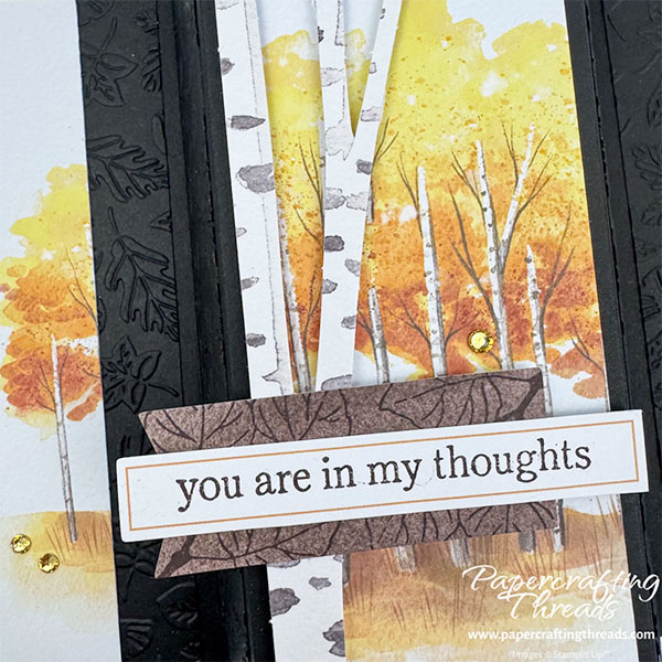 Triple Panel Standing Card Closeup Front View. Two narrow panels flank a wider central panel with a scene of golden-leaved aspen trees on a black card base. A speckled trunk overlays the grove. Two leaf-embossed narrow strips flank the center panel. A brown wood-like label sets off the sentiment strip that reads 'you are in my thoughts'.